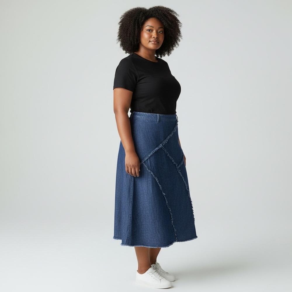 Tribal Denim Frayed Detail Maxi Skirt in Dark Blue with Frayed Paneling